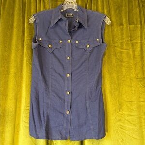RARE Vintage 90s Versace Jeans Blue Sleeveless Top with Medusa Sun Buttons Small